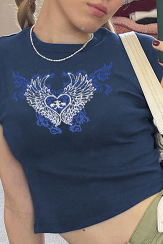 Heart-shaped Wings Print Crop Blue T-Shirt