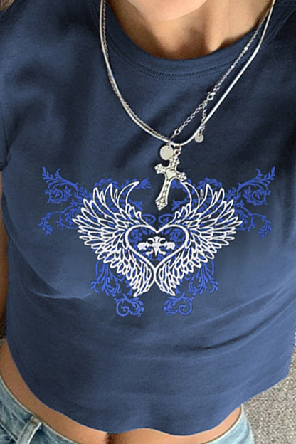 Heart-shaped Wings Print Crop Blue T-Shirt