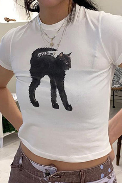 Bodycon Cat Print Crop White T-Shirt