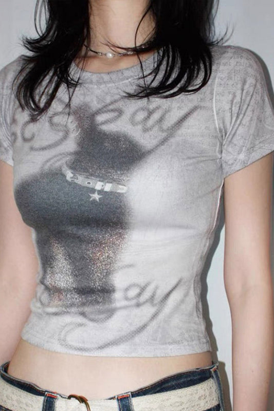 Cat Pattern Crop Grey T-Shirt
