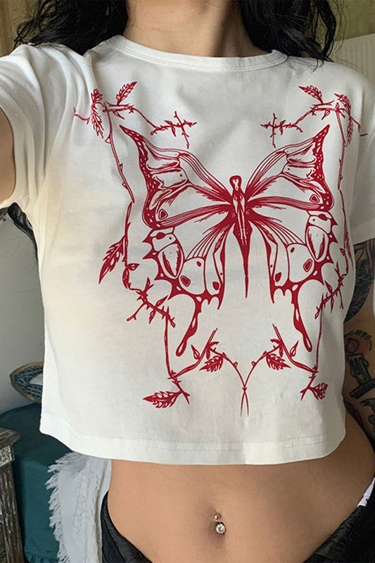 Butterfly Pattern Crop White T-Shirt
