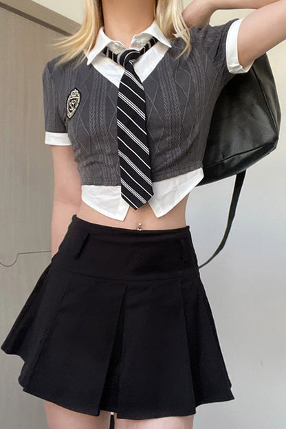 Patchwork Shirt Collar Grey Fake Two Pieces Blouse