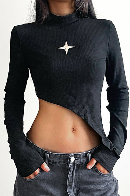 Pentagram Decor Mock Neck Irregular Black T-Shirt