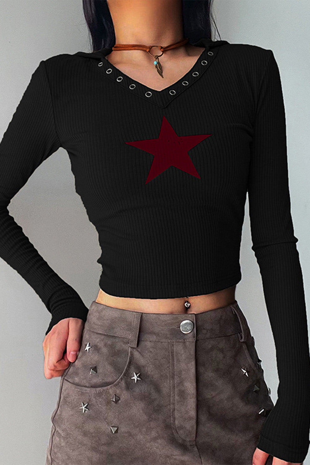 Eyelet Washer Buckle Star Pattern Hooded Blouse