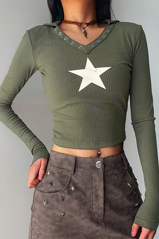 Eyelet Washer Buckle Star Pattern Hooded Blouse