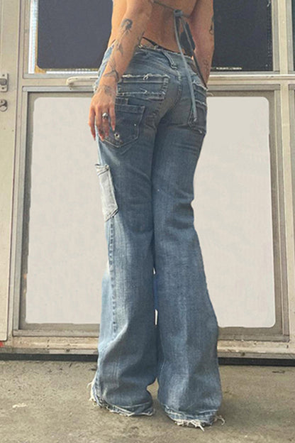 Low Waist Star Print Pockets Denim Flare Jeans