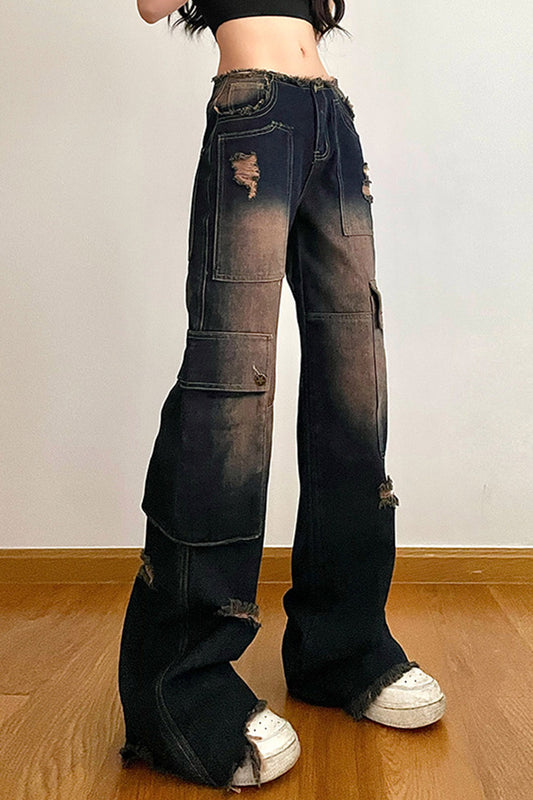 Ripped Asymmetric Pocket Design Denim Cargo Jeans