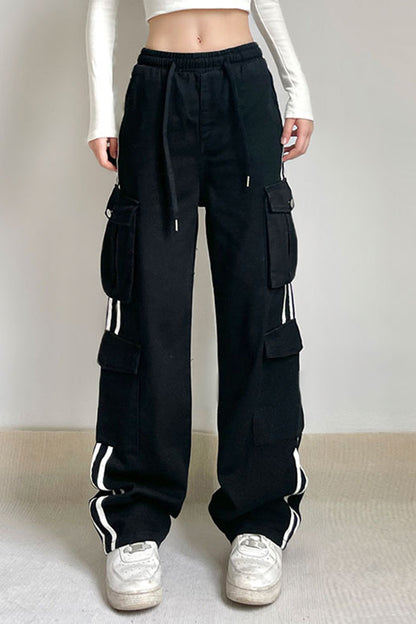 Drawstring Striped Trim Pockets Denim Cargo Jeans