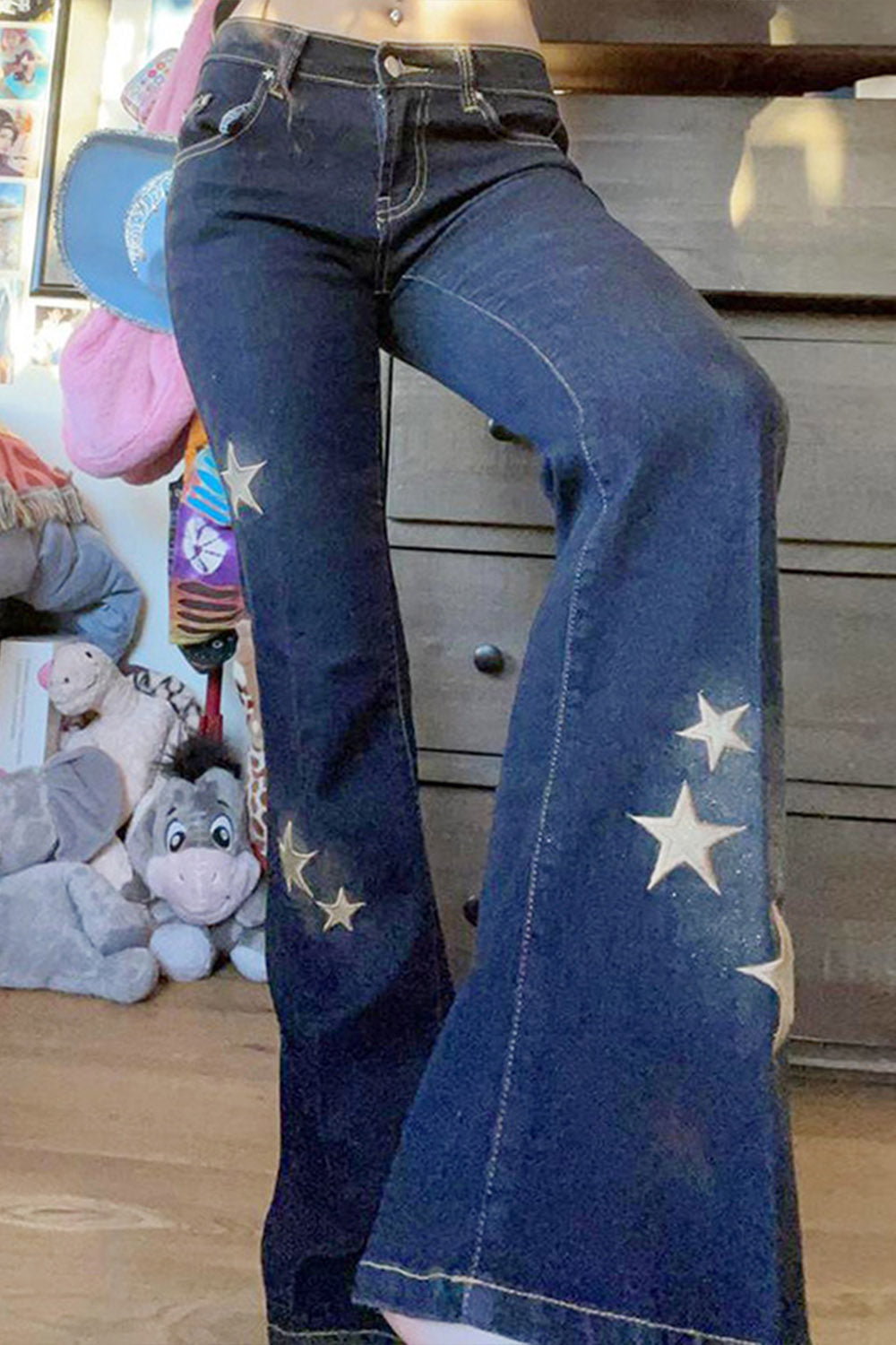 Low Waist Star Embroidery Denim Flare Jeans