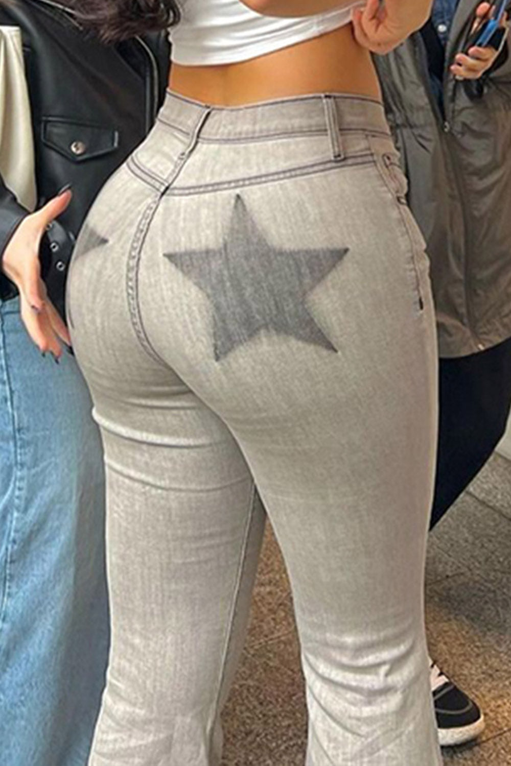 Star Print Raw Edge Denim Flare Jeans