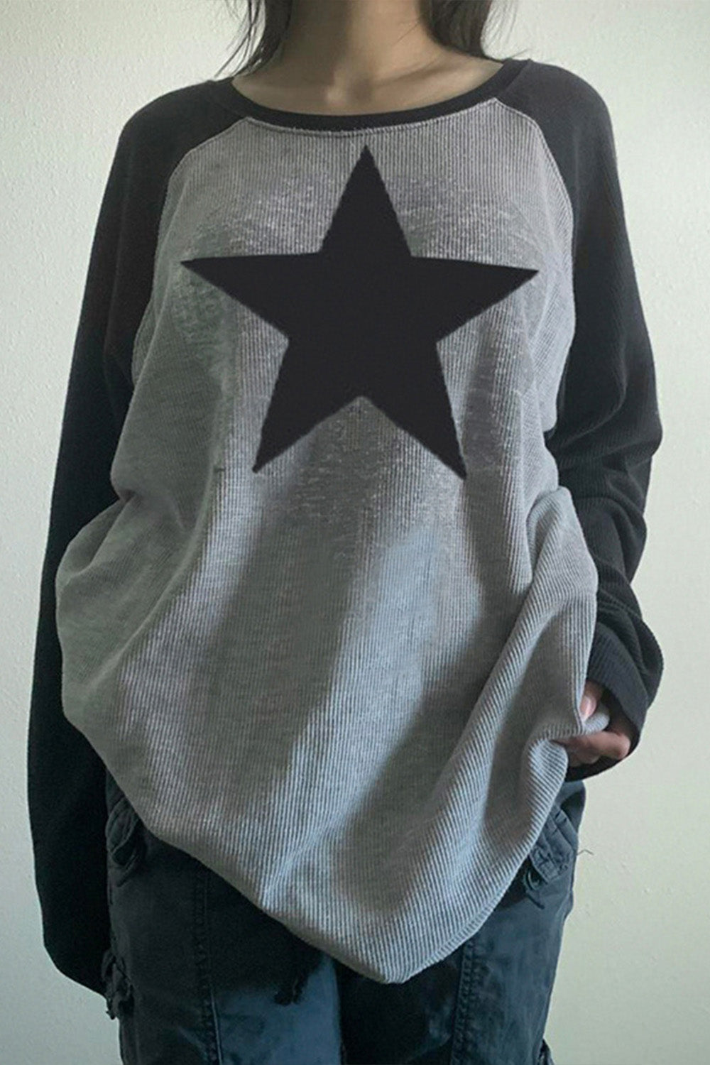 Stars Contrast Color Long Sleeve Grey Sweatshirt