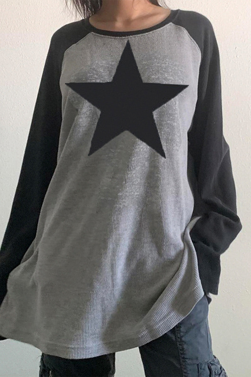 Stars Contrast Color Long Sleeve Grey Sweatshirt