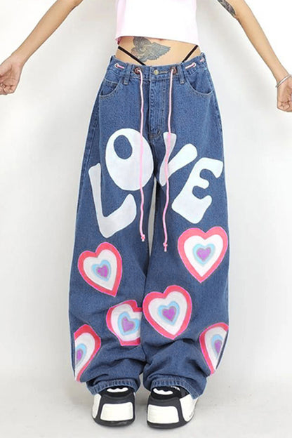 Heart-shaped Letter Graffiti Print Wide Leg Denim Jeans