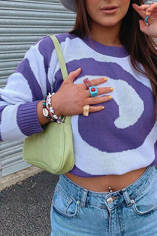 Vortex Pattern Contrast Color Purple Sweater