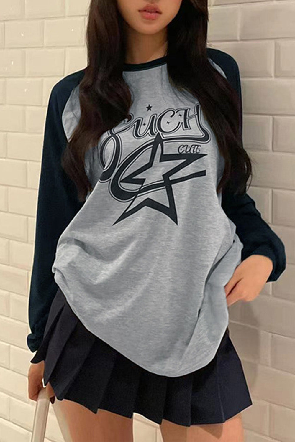 Star Letter Graphic Print Long Sleeve Grey T-Shirt