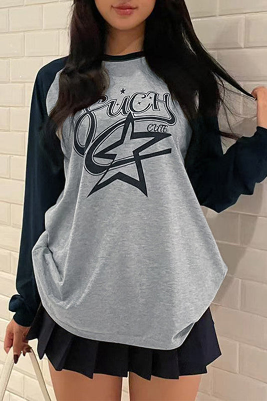 Star Letter Graphic Print Long Sleeve Grey T-Shirt