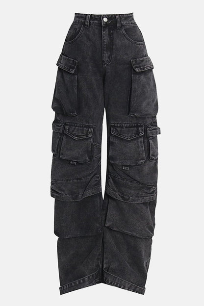 Washed Multi-Pocket Wide Leg Denim Cargo Jeans