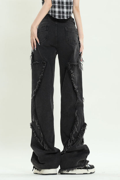 Wide Leg Raw Edge Star Pattern Black Denim Jeans