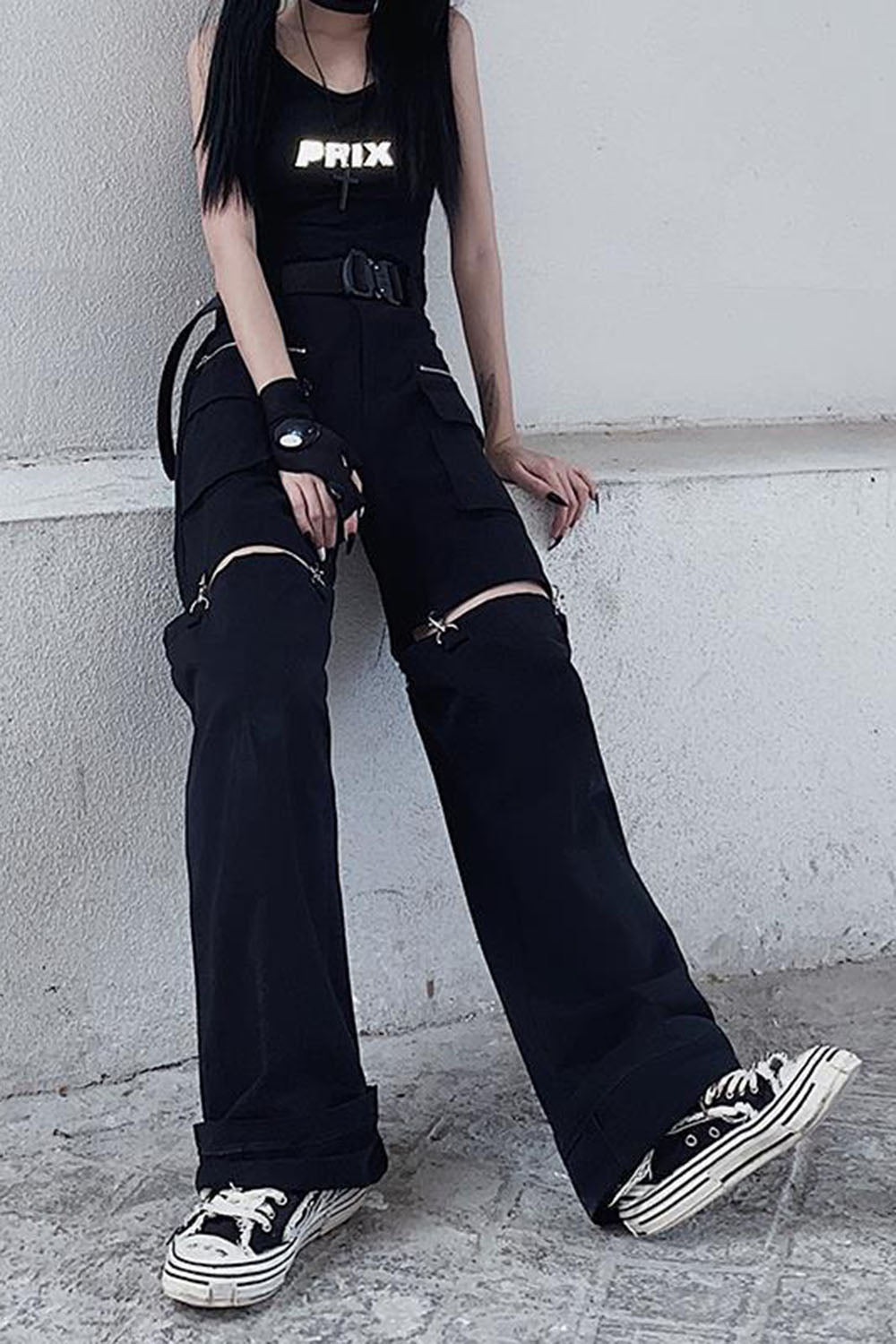 Detachable Metal Buckle Zipper Pocket Black Cargo Pants
