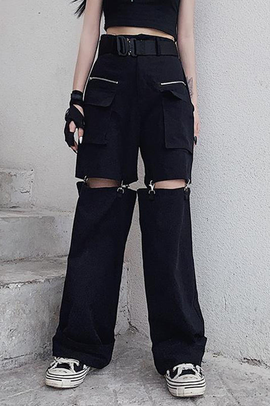 Detachable Metal Buckle Zipper Pocket Black Cargo Pants