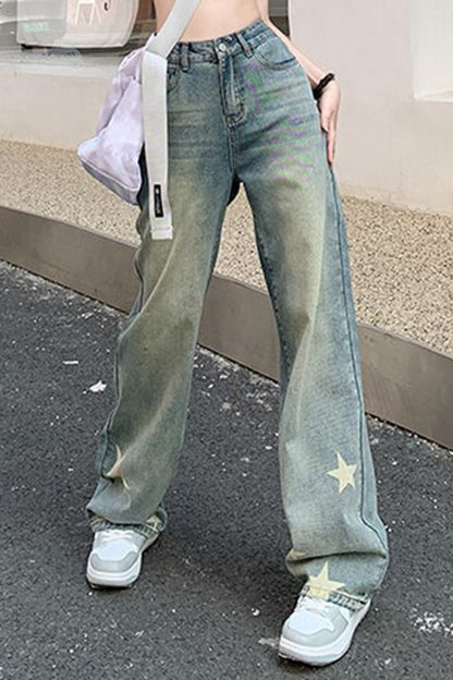 Retro Star Print Washed Straight Leg Denim Jeans