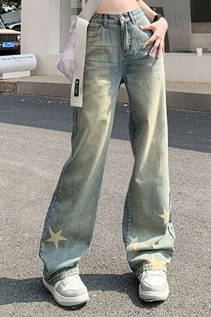 Retro Star Print Washed Straight Leg Denim Jeans