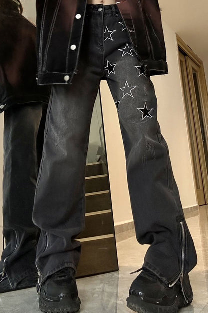 Star Embroidery Zipper Split Denim Jeans