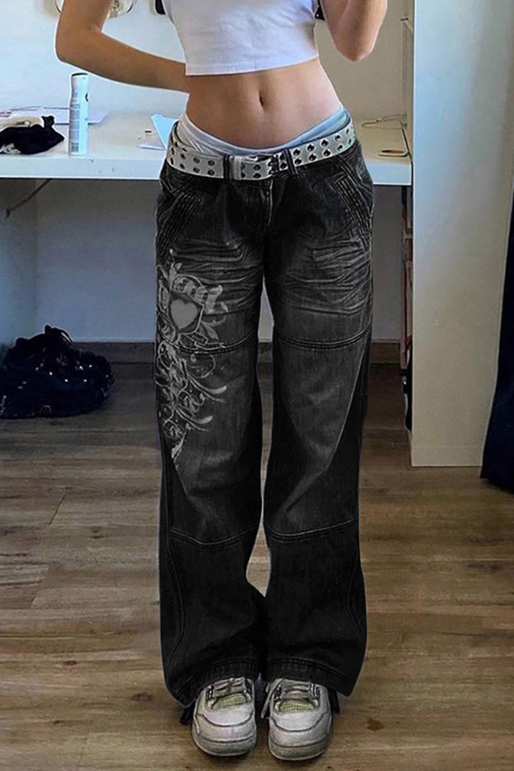 Low Waist Fold Washed Retro Print Denim Jeans