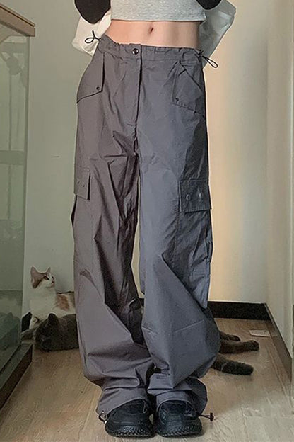 Straight Leg Pocket Design Drawstring Dark Gray Cargo Pants
