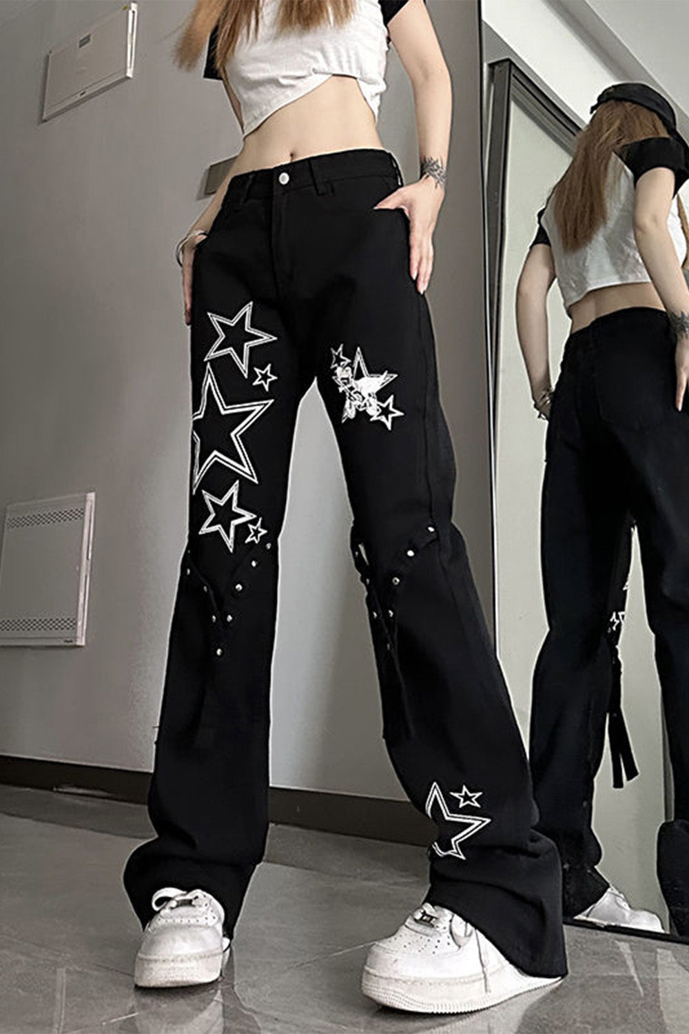 Star Pattern Eyelet Washer Straps Denim Jeans