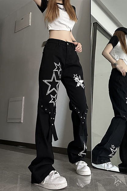 Star Pattern Eyelet Washer Straps Denim Jeans
