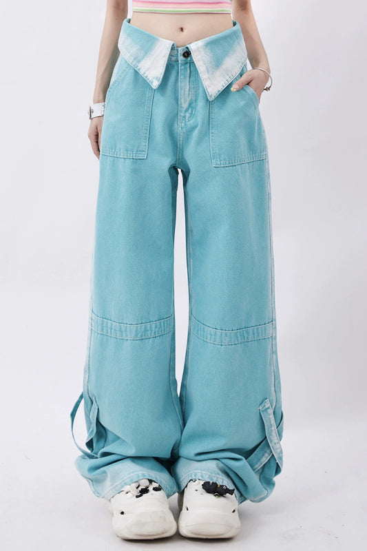 Fold Waist Pockets Straps Denim Jeans
