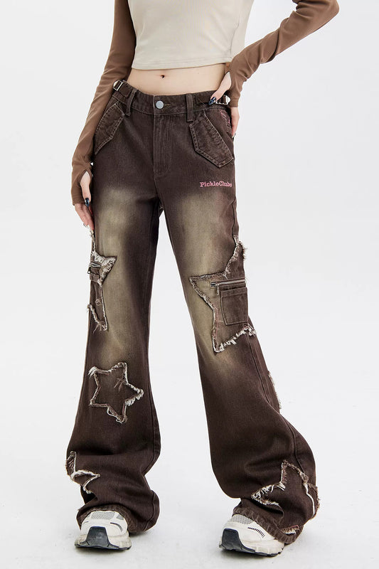 Retro Starfish Pattern Raw Edge Straight Leg Denim Jeans [Pre-Order]