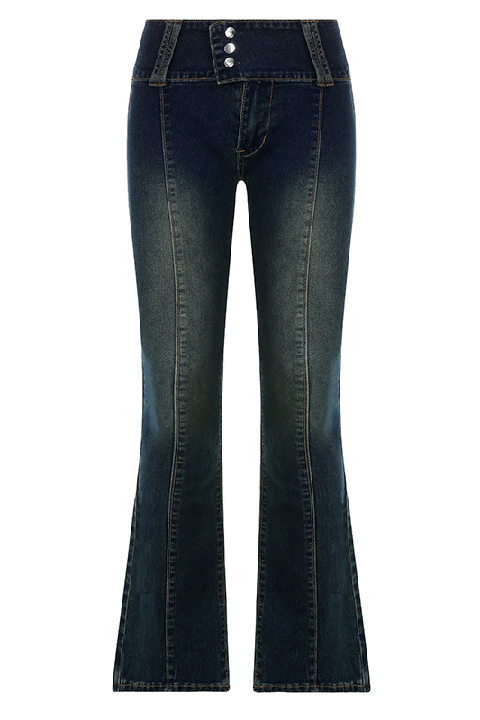 Denim Button High Waist Faded Dark Blue Casual Flare Jeans